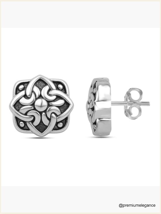 Sterling Silver Vintage Stud Earrings - Celtic Knot & Floral Design